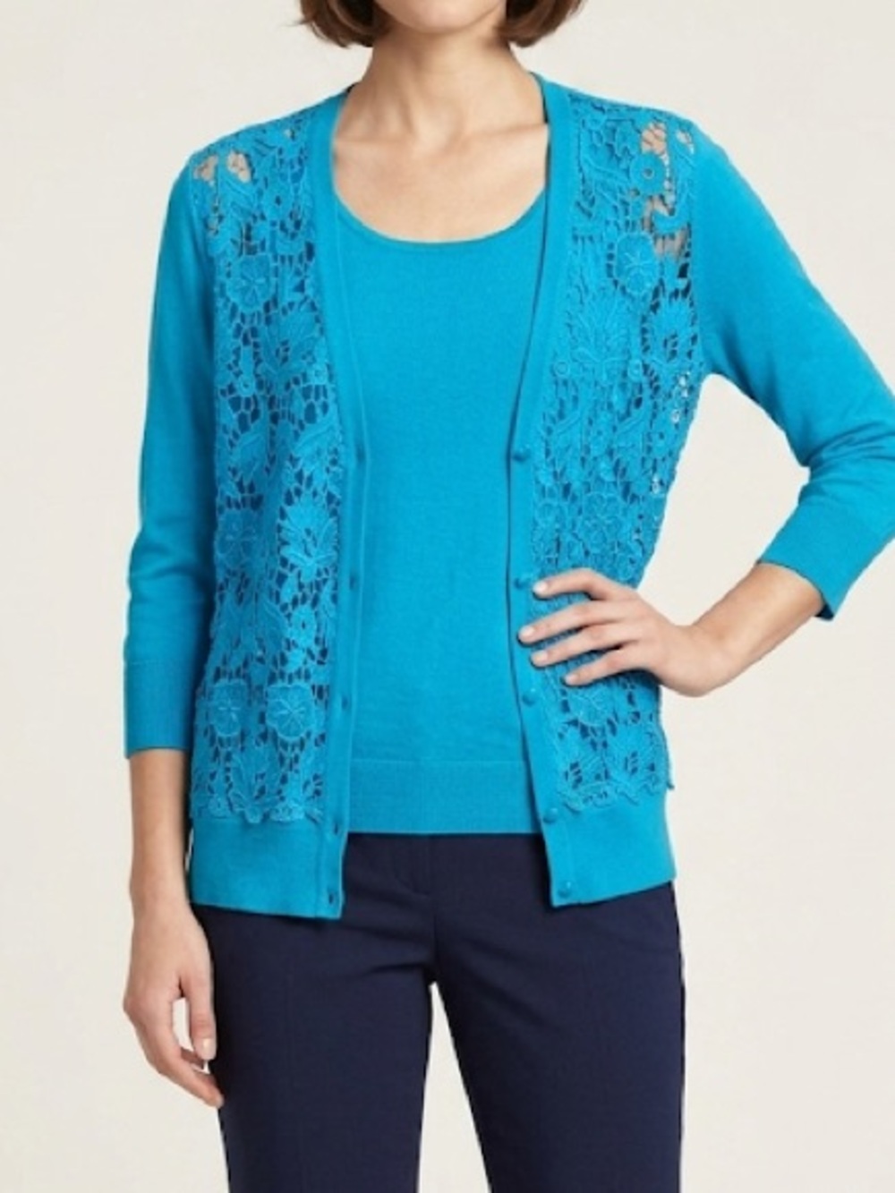 Escada Lace Front Cardigan Size Large Blue Lagoon Cotton 3/4 Sleeve
